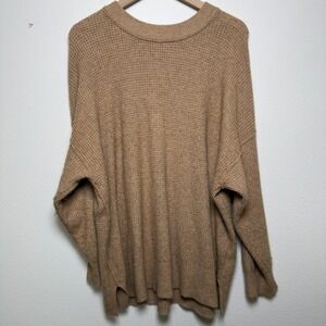 Aerie Women Cozy Up‎ Waffle Sweater Medium Tan Oversized Crewneck